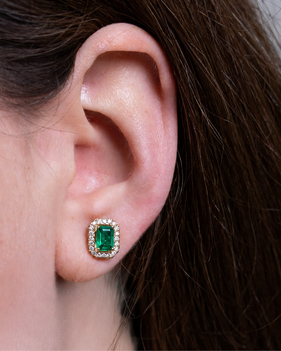 EMERALD CUT EMERALD STUDS WITH DIAMONDS
