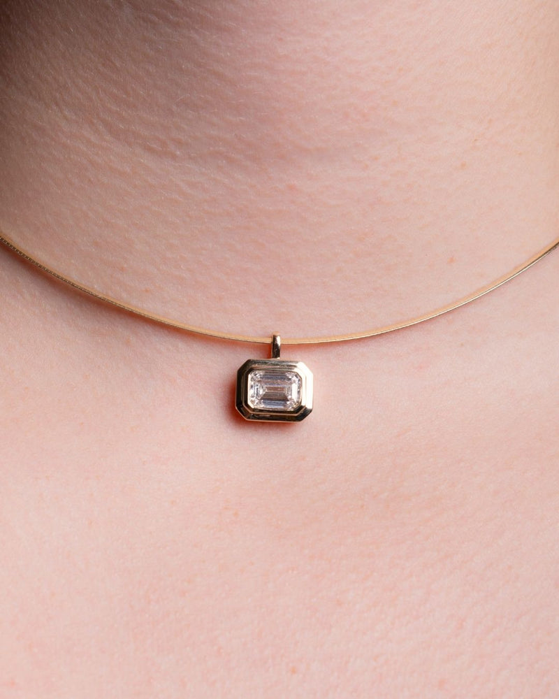 EMERALD CUT LAB DIAMOND PENDANT WITH GOLD BEZEL