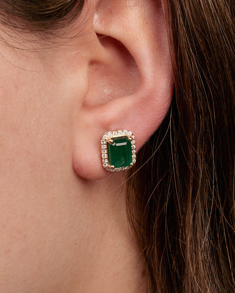 EMERALD & DIAMOND HALO STUDS