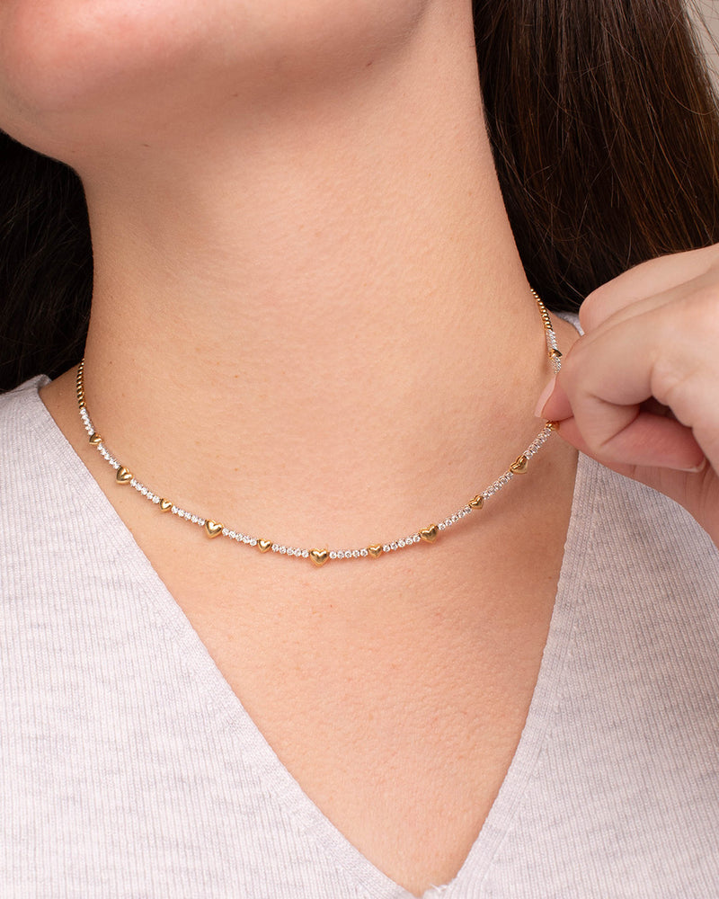 TENNIS NECKLACE WITH GOLD HEARTS